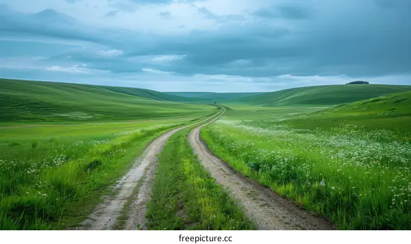 Scenic view of a rural road through a lush green field