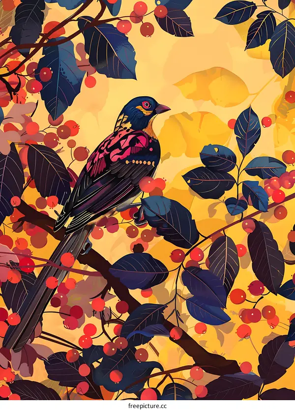 Colorful Bird in Autumn Tree Illustration