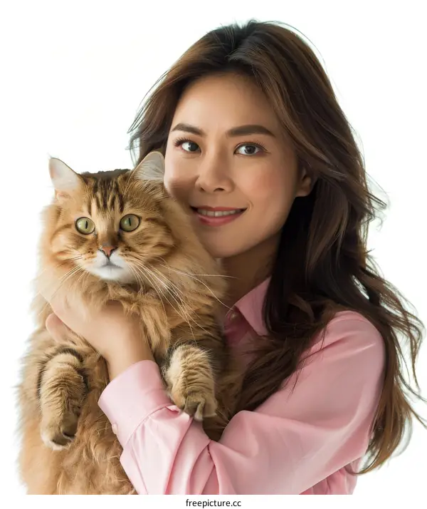 Asian woman hugging a big fluffy cat