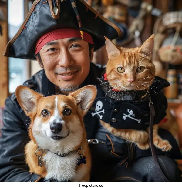 A man with a dog and a cat in pirate costumes