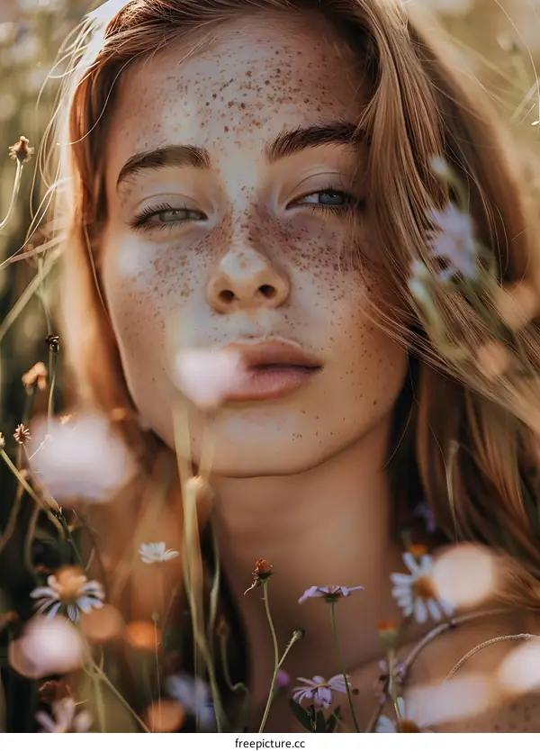 Portrait of a young woman with freckles on her face