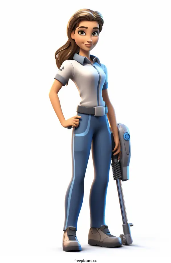 A cartoon image of a young woman holding a vacuum cleaner