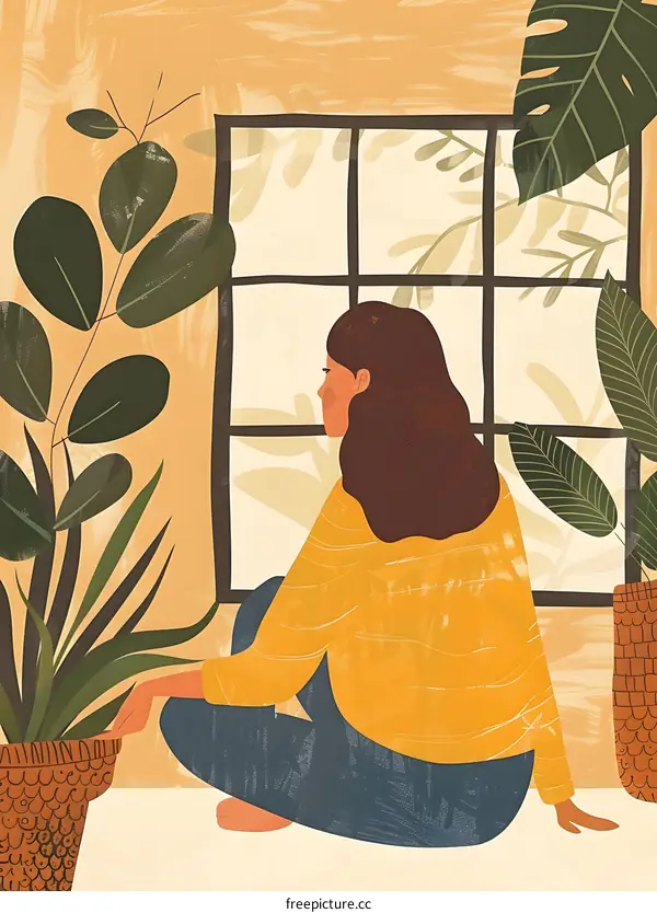 Woman Sitting by Window with Plants