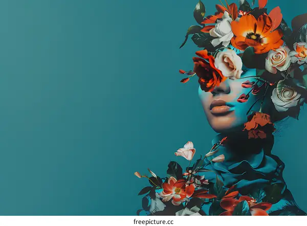 Woman With Flowers on Her Face and Body on a Blue Background