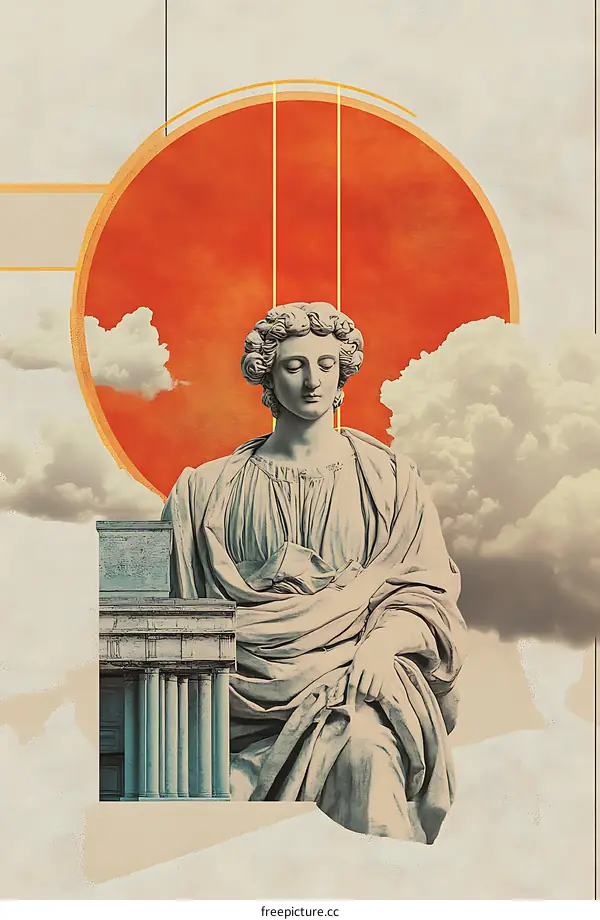 Ancient Statue Collage with Sun and Clouds