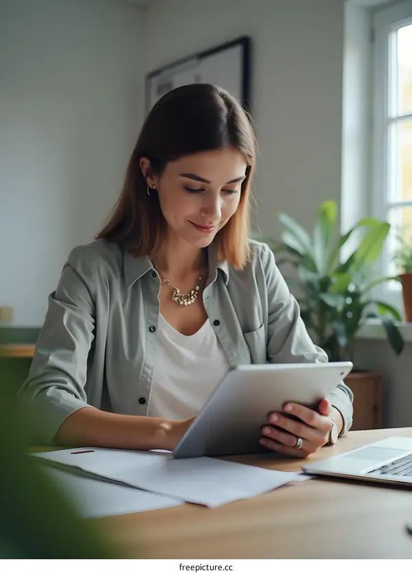 Young Woman Working on a Tablet in Her Home Office