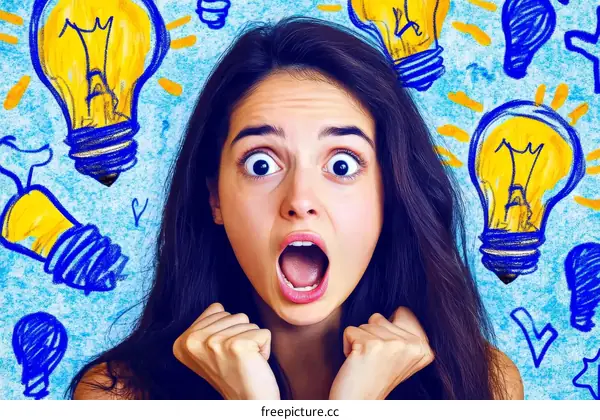 Excited Young Woman with Idea Light Bulbs