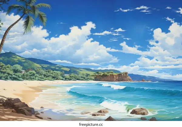 Beach landscape with palm trees and blue ocean