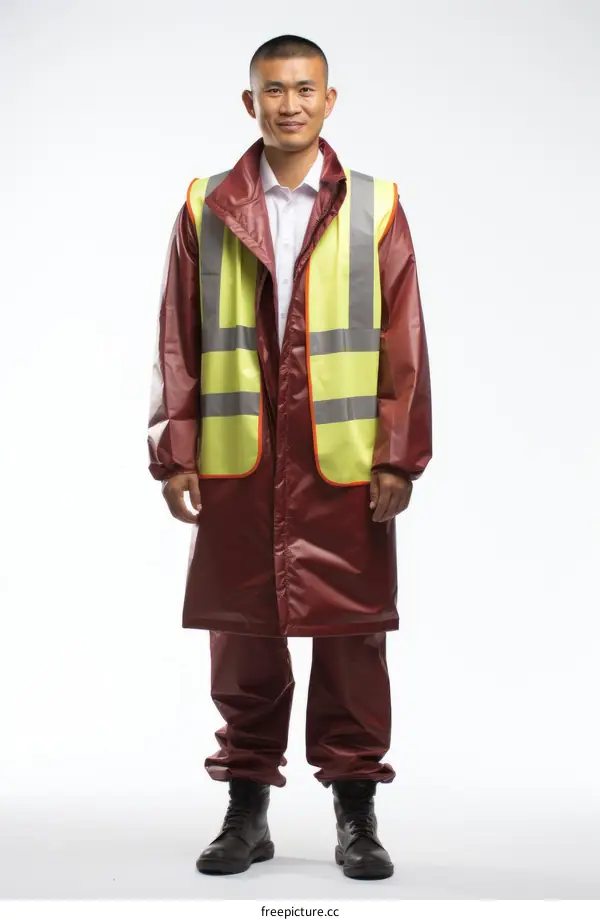 A man wearing a red raincoat and a yellow reflective vest