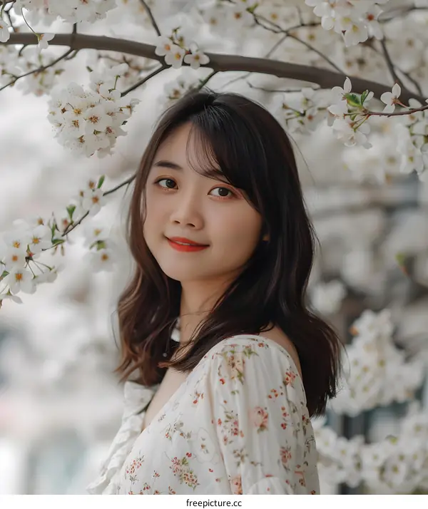 Smiling Woman Under Cherry Blossoms
