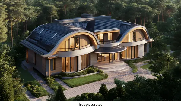 Modern House Design with Curved Roof and Large Windows in a Forest Setting
