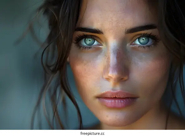 Close-up portrait of a young woman with blue eyes and freckles