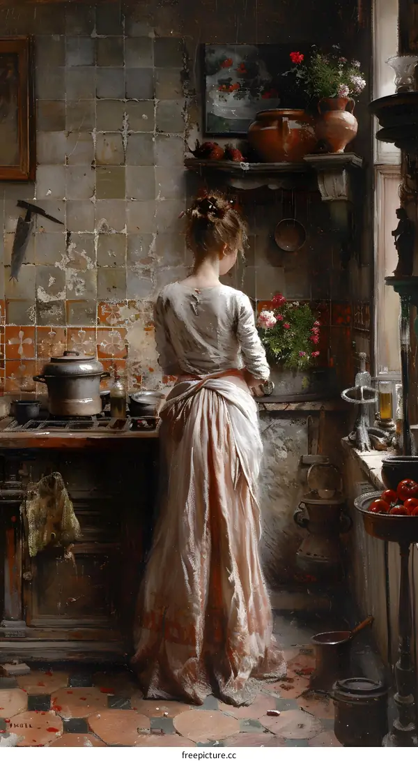 A woman is cooking in a kitchen