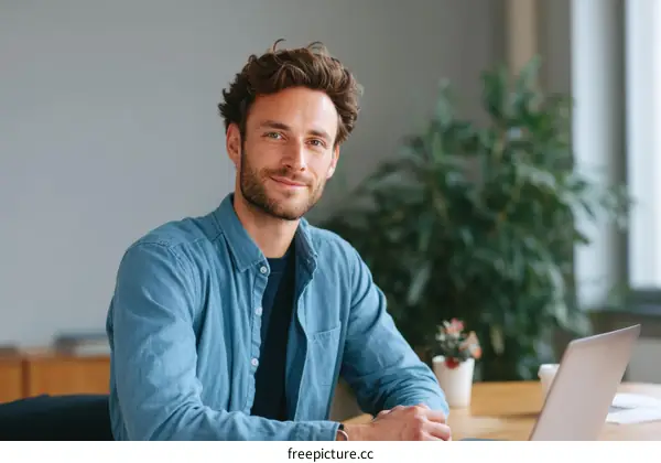Confident Man in Light Blue Shirt at Workplace