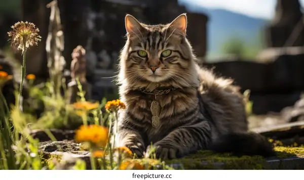 A ginger cat is lying on the ground in front of a stone structure. There are some yellow flowers in the foreground.