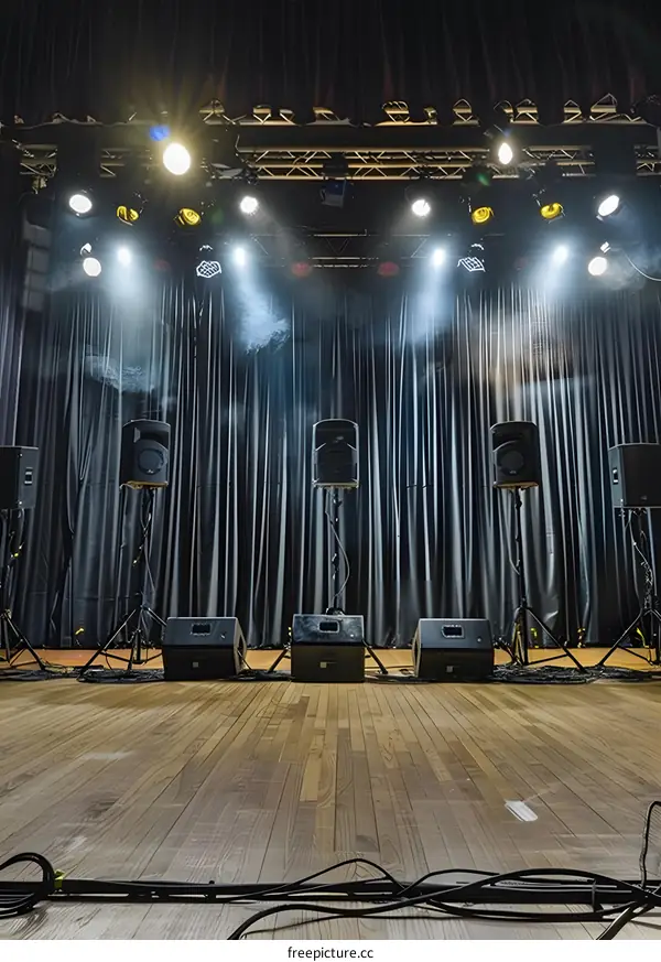 Empty Stage with Sound System and Spotlights
