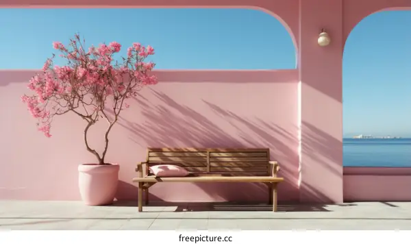 pink architecture with pink flowers and blue sea