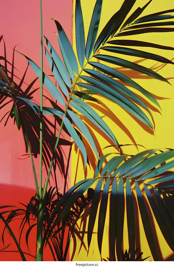 Tropical Palm Leaves Against Yellow and Pink Wall