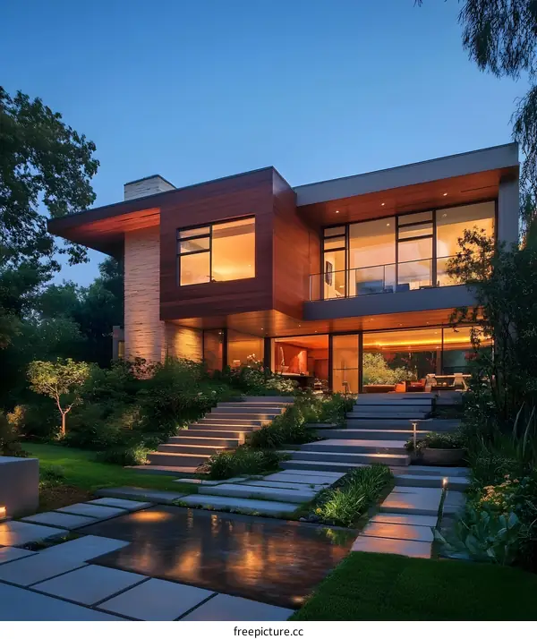 Modern House With Stone Patio And Water Feature At Dusk