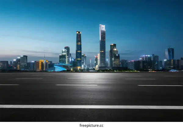City skyline with modern buildings under twilight sky