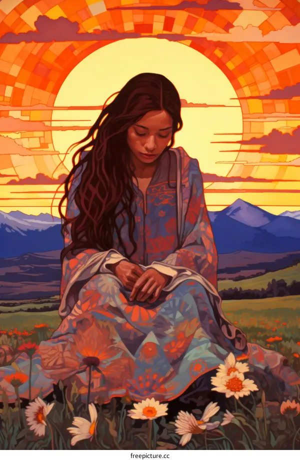 A young woman sits in a field of flowers with a setting sun in the background