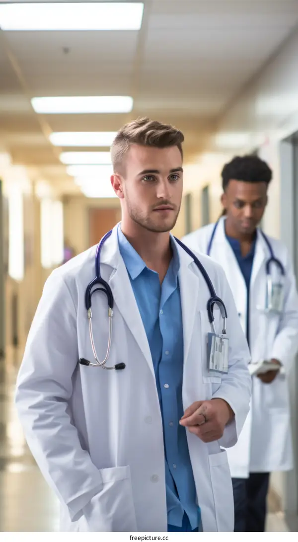 Two doctors wearing white coats in a hospital hallway