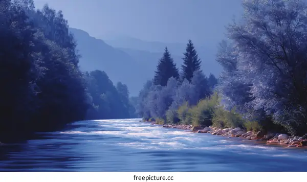Serene River Flowing Through a Misty Valley Landscape