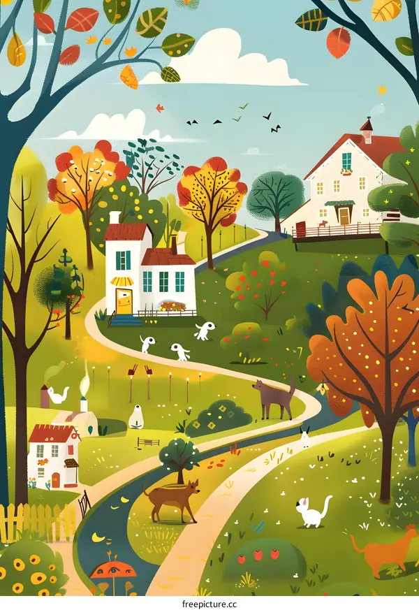 Colorful Autumn Illustration of a Winding Pathway with Houses and Animals