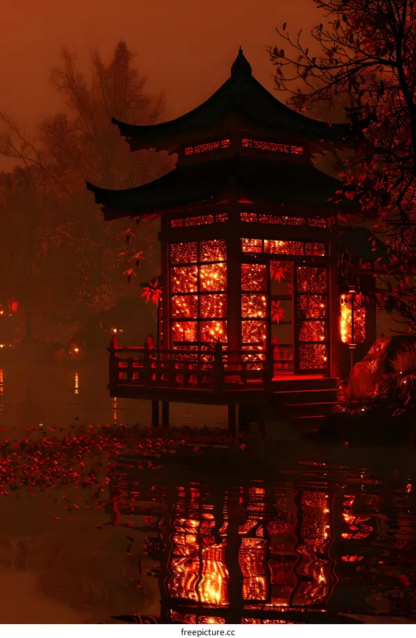 Red pavilion in the water with autumn leaves