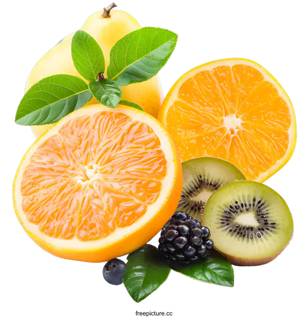 [Transparent Background PNG]Fresh Sliced Fruits With Green Leaves