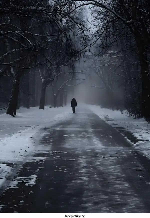 Lonely Figure Walking On A Snowy Path Through A Foggy Forest