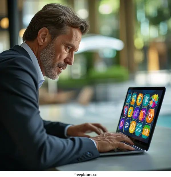 Businessman looking at laptop screen with various app icons.