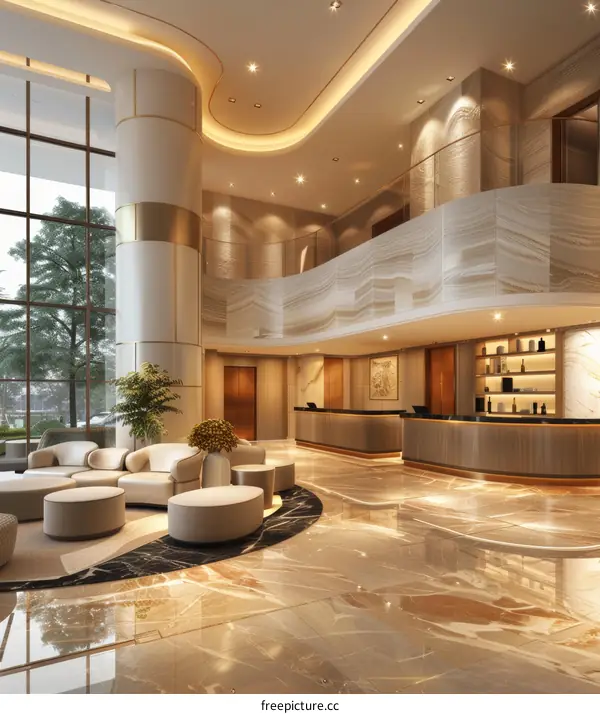 Modern Lobby Interior Design with Curved Ceiling and Marble Floor