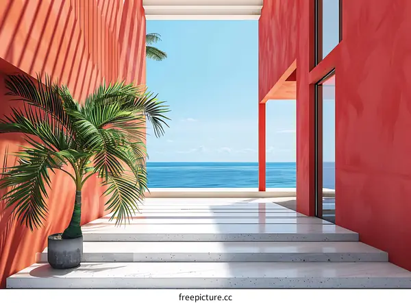 Minimalist Red House With Palm Tree View Of Ocean