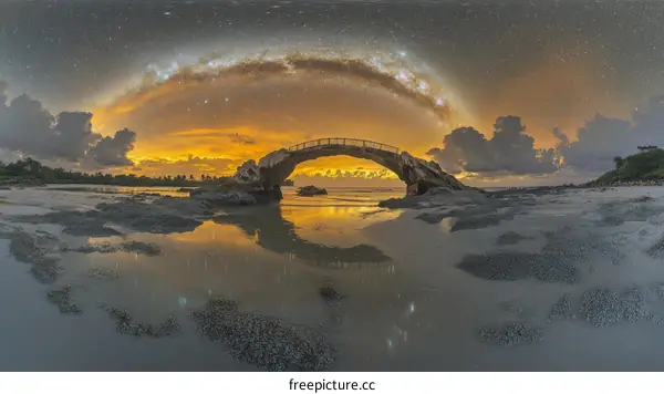 Night Sky Milky Way Arching Over Stone Bridge Beach