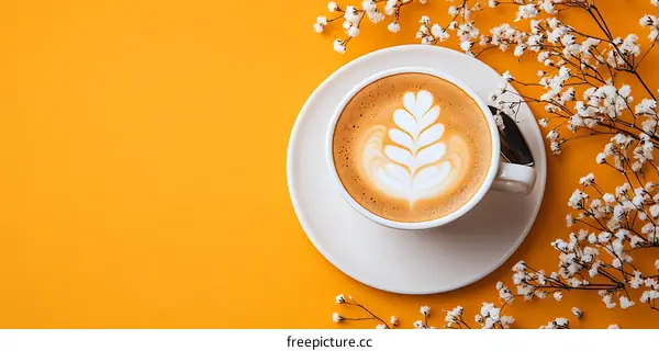 Coffee Cup With Latte Art on Yellow Background