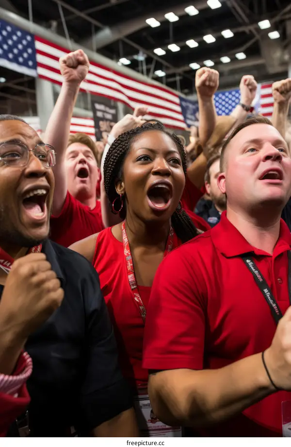 Crowd of people cheering at a political rally