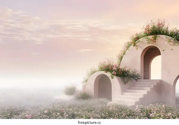 Pink Floral Archway with Stairs Leading to a Foggy Field