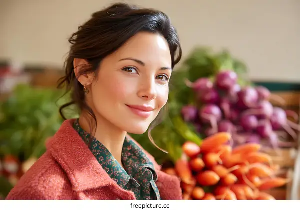 Smiling Woman Surrounded by Fresh Produce