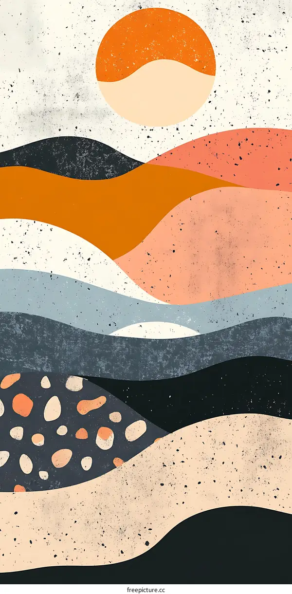 Abstract Art Landscape with Sun and Mountains