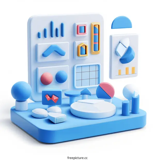 3D illustration of a dashboard with charts and graphs
