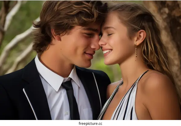 Young couple smiling and touching foreheads