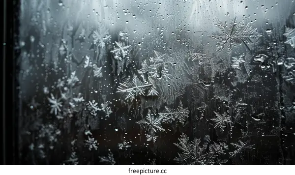 Ice and Snow Patterns on Window Glass with Raindrops