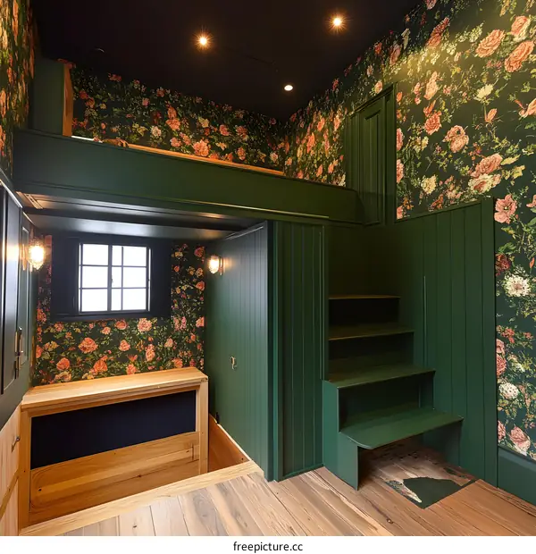 Green and Floral Interior Design With Wooden Stairs