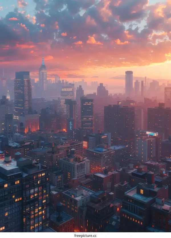 Sunset Cityscape Aerial View Illustration