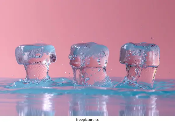 Three ice cubes floating on water with a pink background