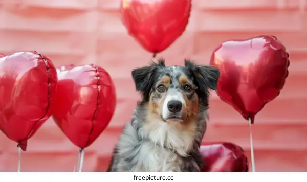 A cute dog surrounded by red heart-shaped balloons