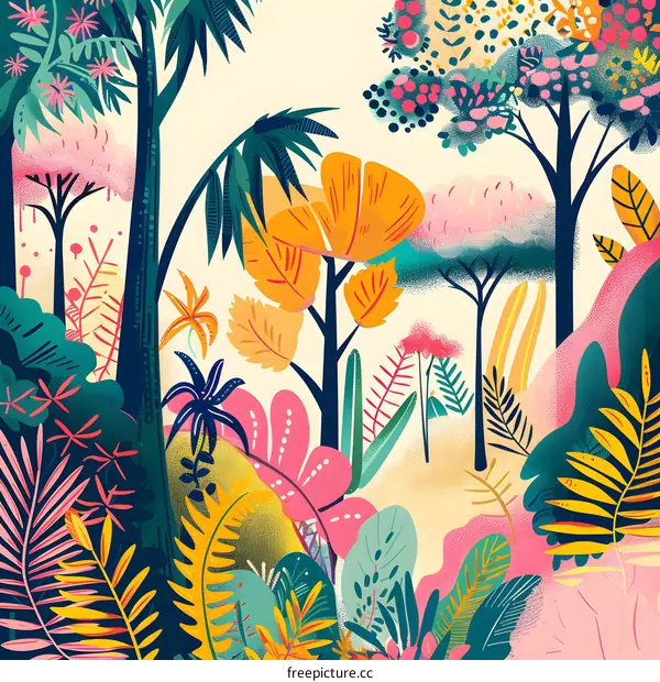 Colorful Jungle Illustration With Lush Green Leaves