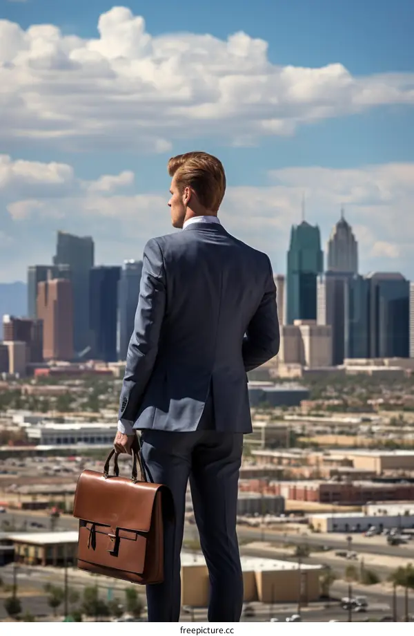 Businessman looking at cityscape with briefcase