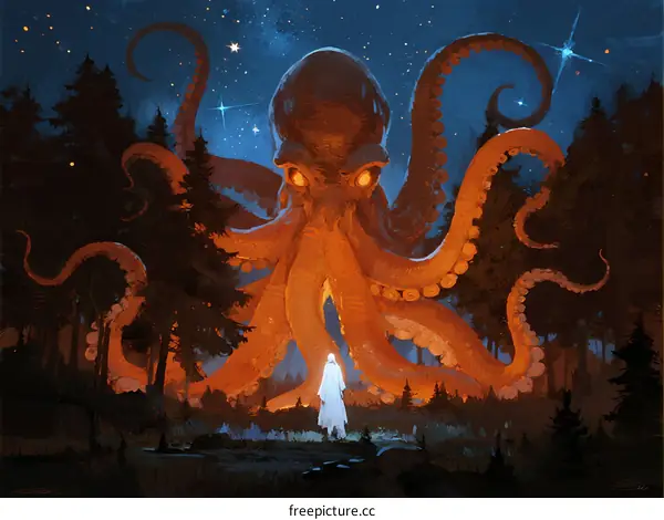 Giant Octopus in Enchanted Forest Under Starry Night Sky